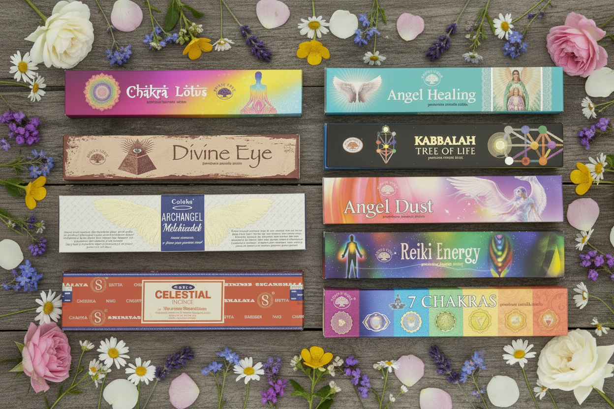 Angelic Essence Incense Variety Gift Package on a wooden table surrounded by wild flowers.