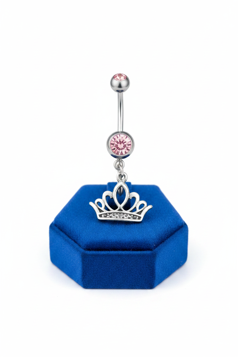 Pink Crystal Crown Belly Button Ring in 316l stainless steel on a blue velvet display.