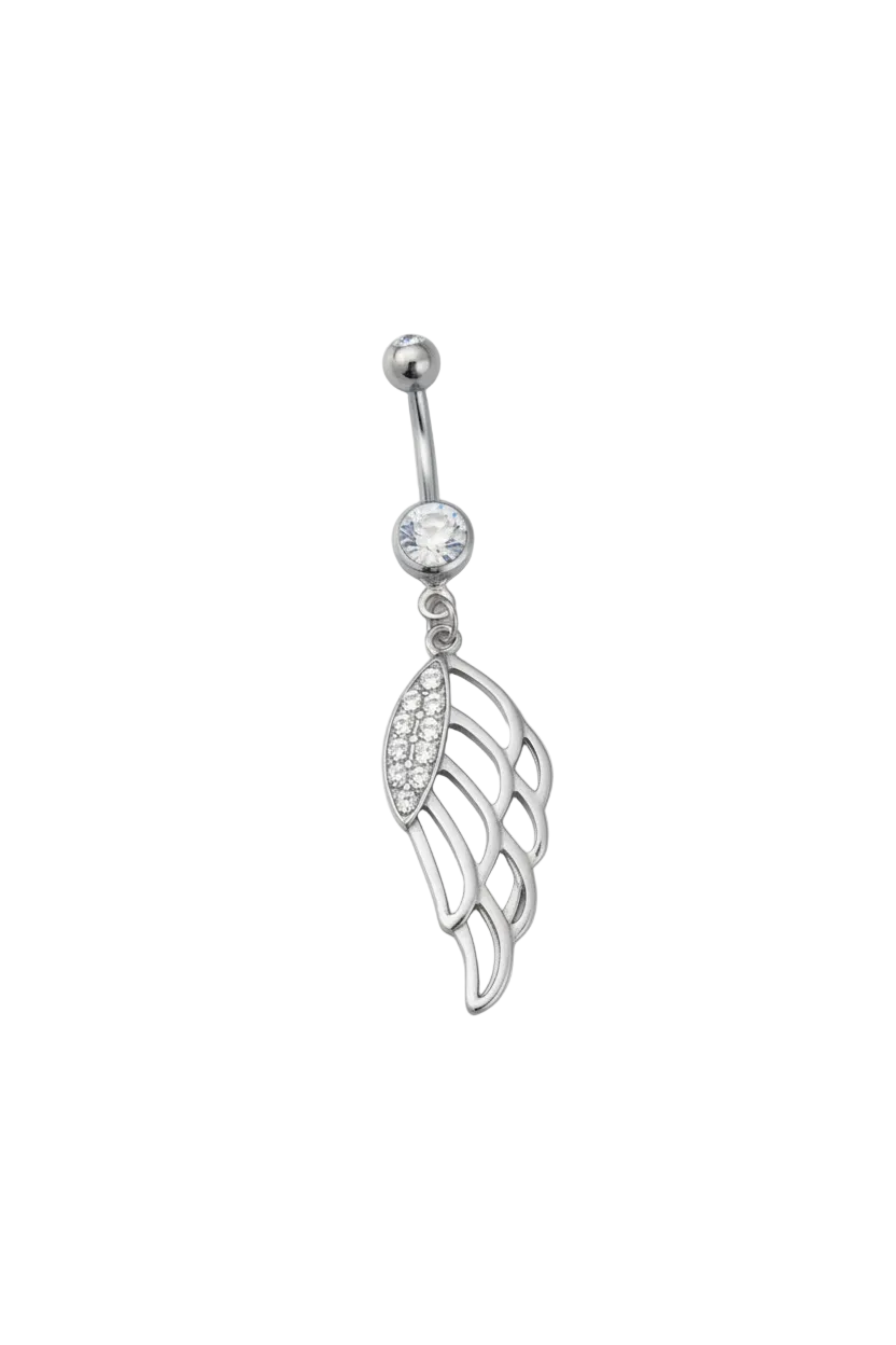 Clear Crystal Wing Belly Button Ring in 316l stainless steel close up detail.