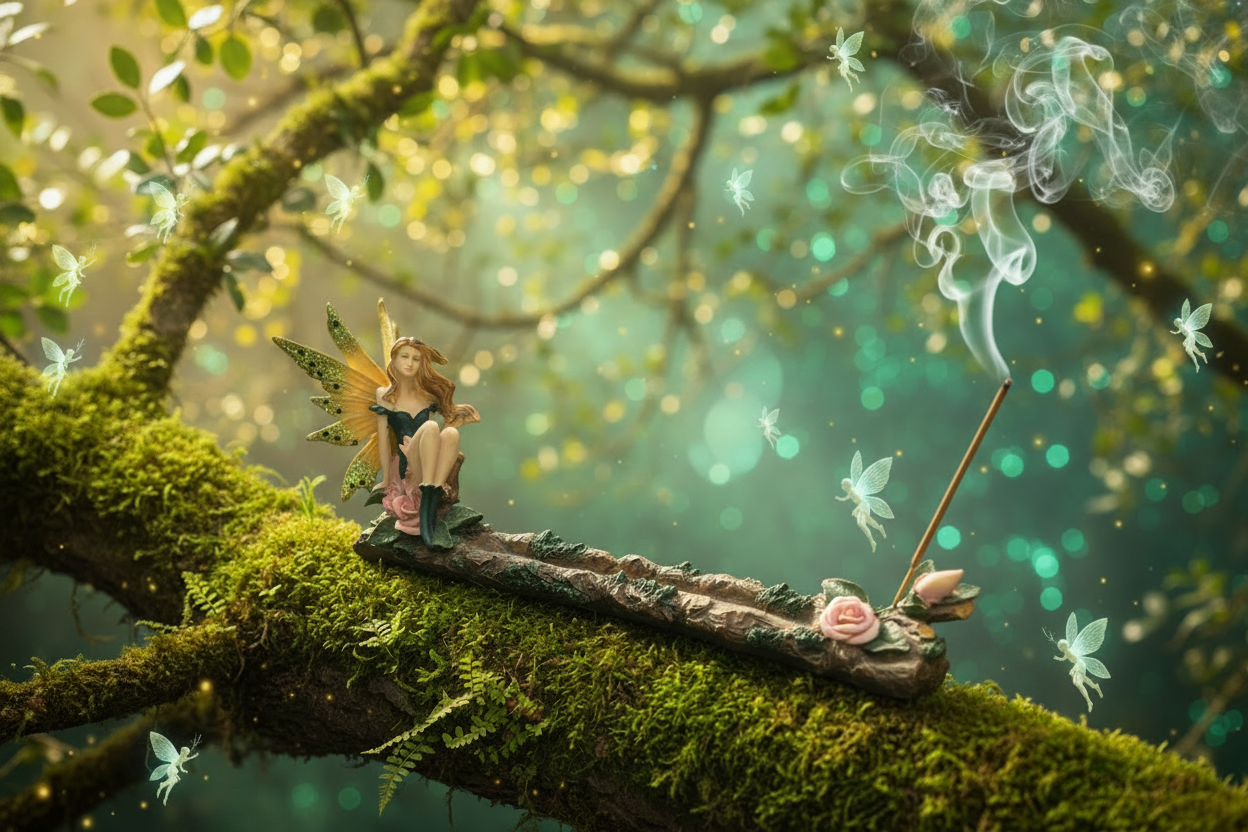 Fairy with Roses Resin Incense Holder on the branch of a leafy tree in a mystic forest with flying fairies, incense burning and smoke rising.