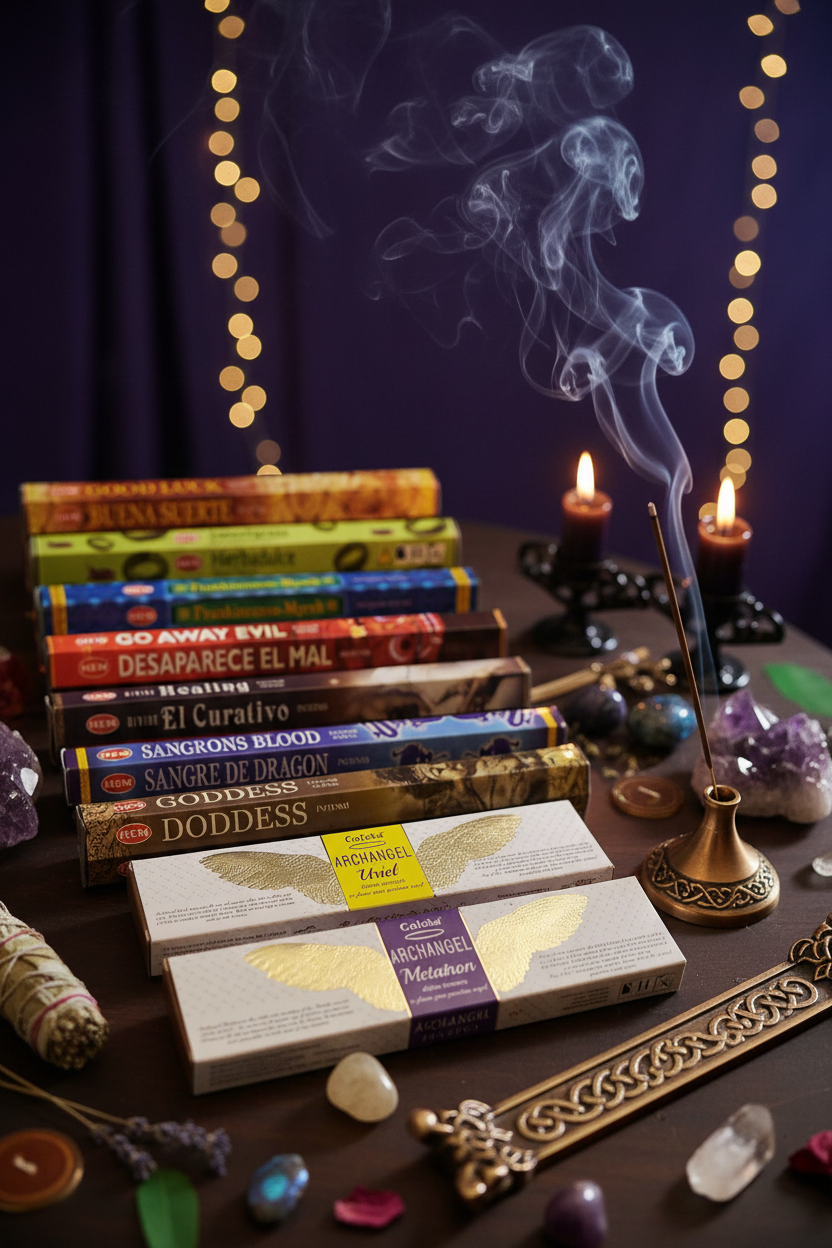 Evil Be Gone Energy Purification Incense Variety Gift Package burning in a mystic setting with smoke rising.