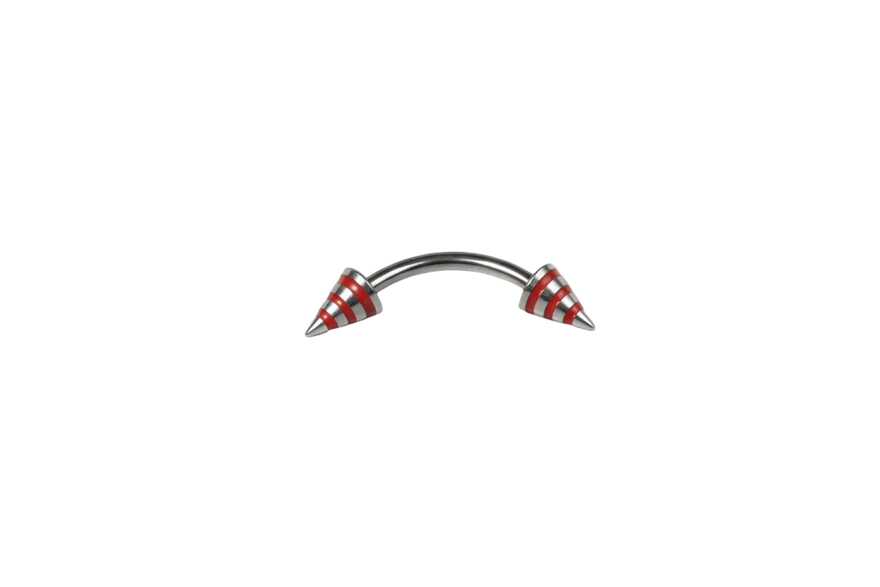 Red Striped Steel Spike Eyebrow Ring in 316l stainless steel close up detail.