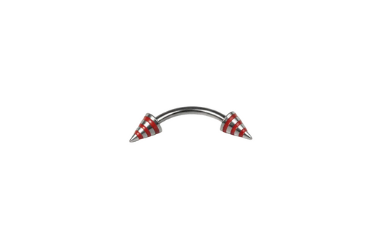 Red Striped Steel Spike Eyebrow Ring in 316l stainless steel close up detail.