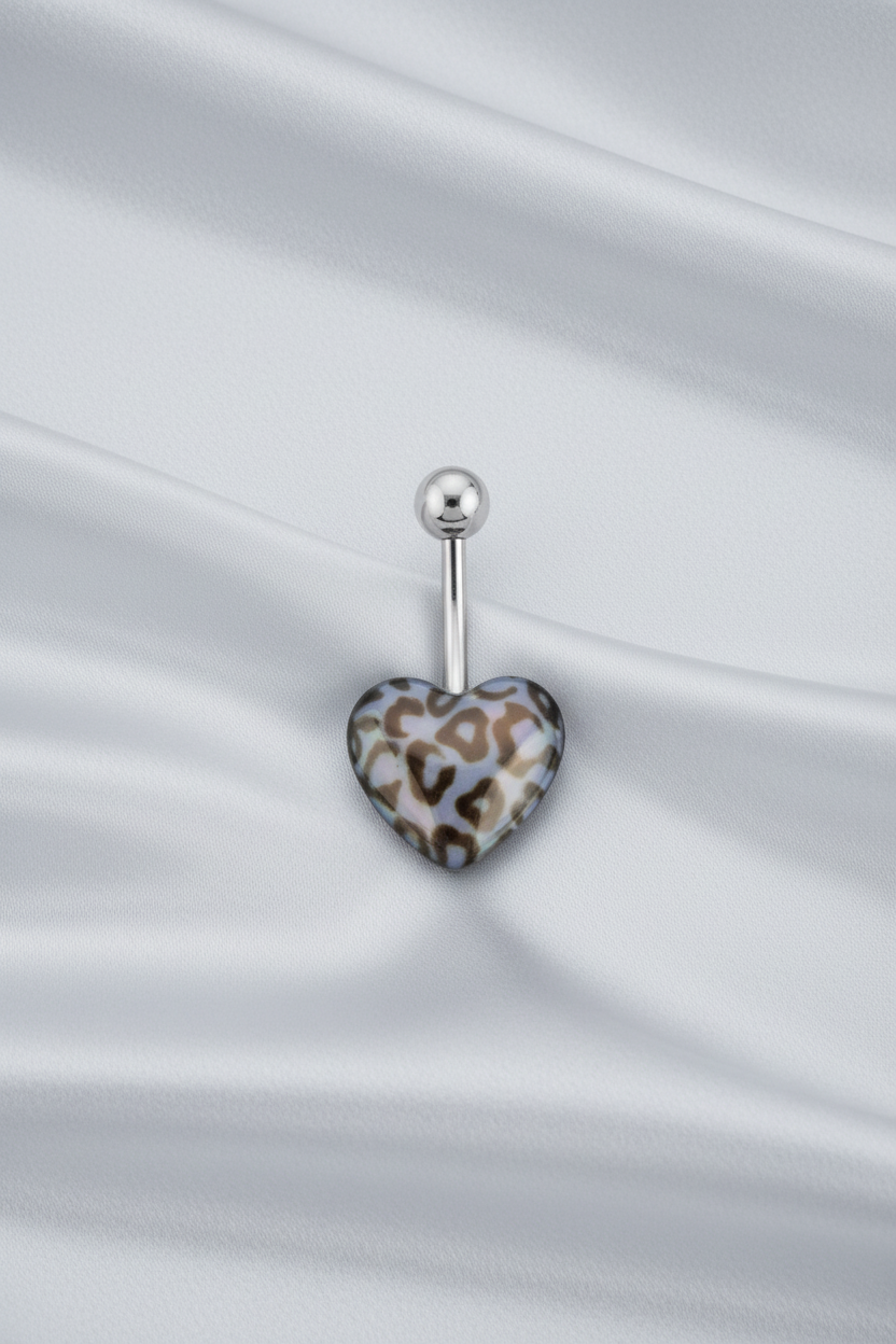 Blue Leopard Print Heart acrylic belly button ring in 316l stainless steel