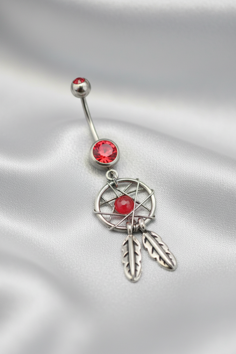 Red Crystal Mystical Dream Catcher Belly Button Ring in 316l stainless steel.