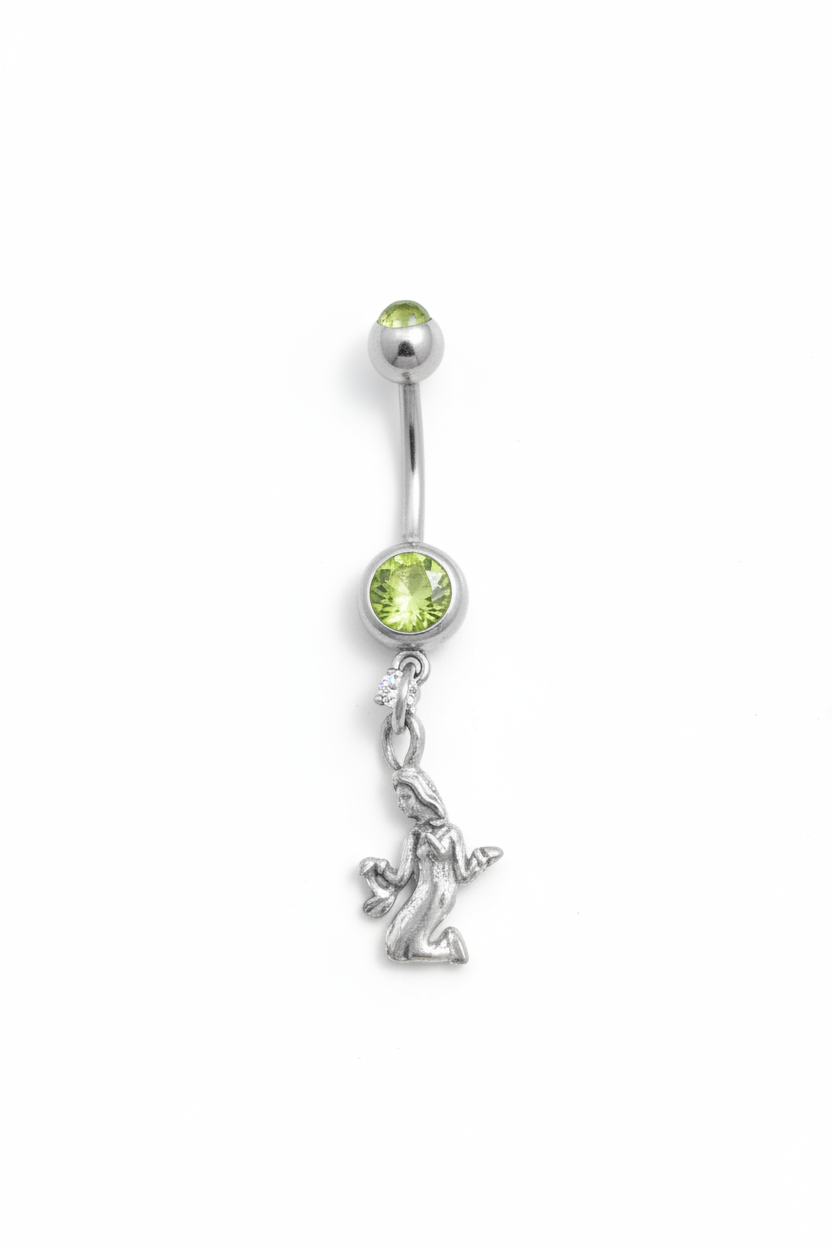 Peridot Green Crystal Virgo Belly Button Ring in 316l stainless steel close up detail.