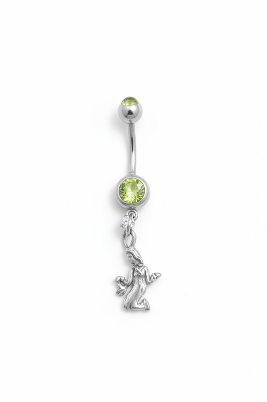 Peridot Green Crystal Virgo Belly Button Ring in 316l stainless steel close up detail.