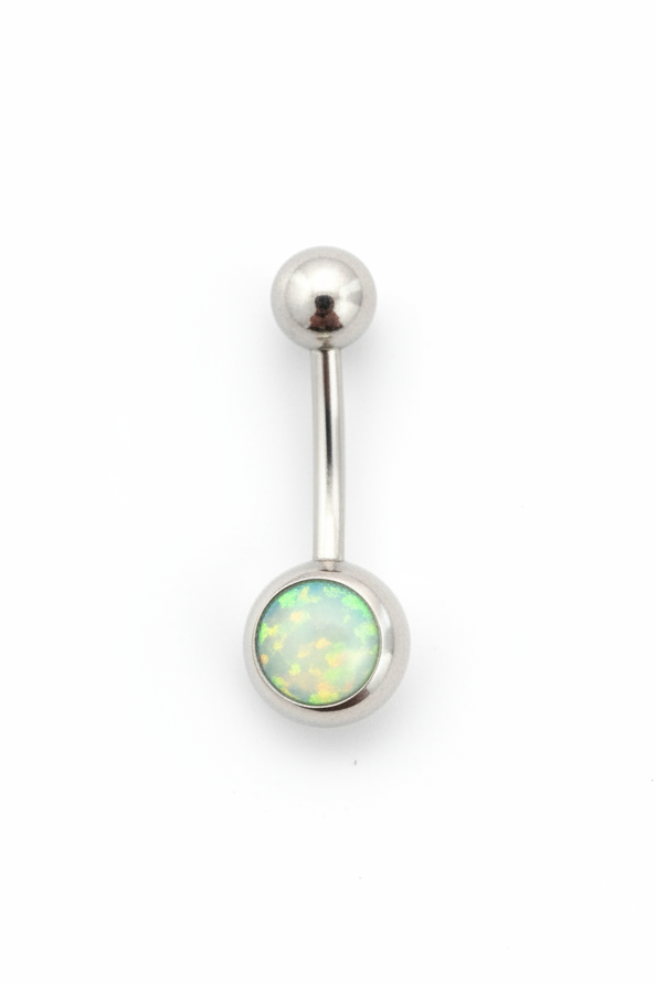 Aqua Opal Belly Button Ring in 316l stainless steel on a white background in close up detail.