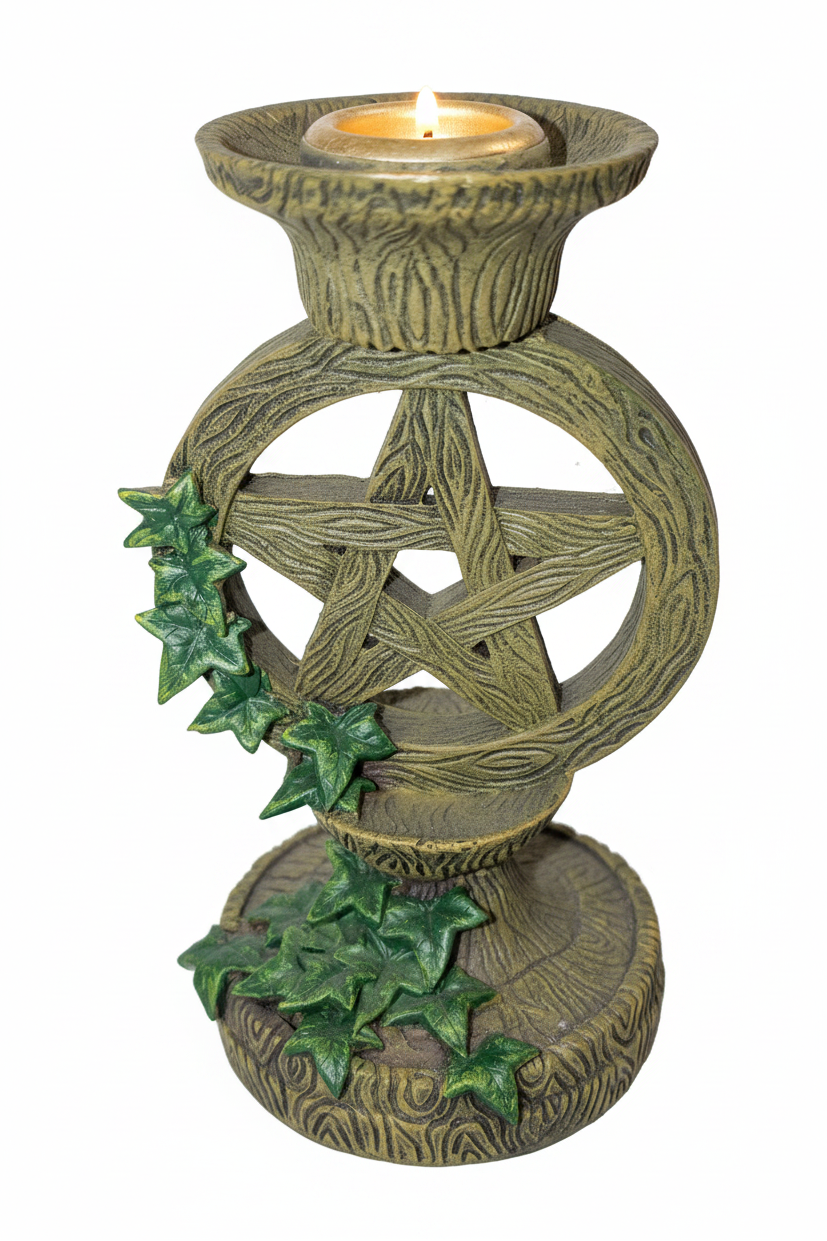 Green Pagan Pentagram Star Resin Candle Holder on a white background with the candle lit showing a warm glow.