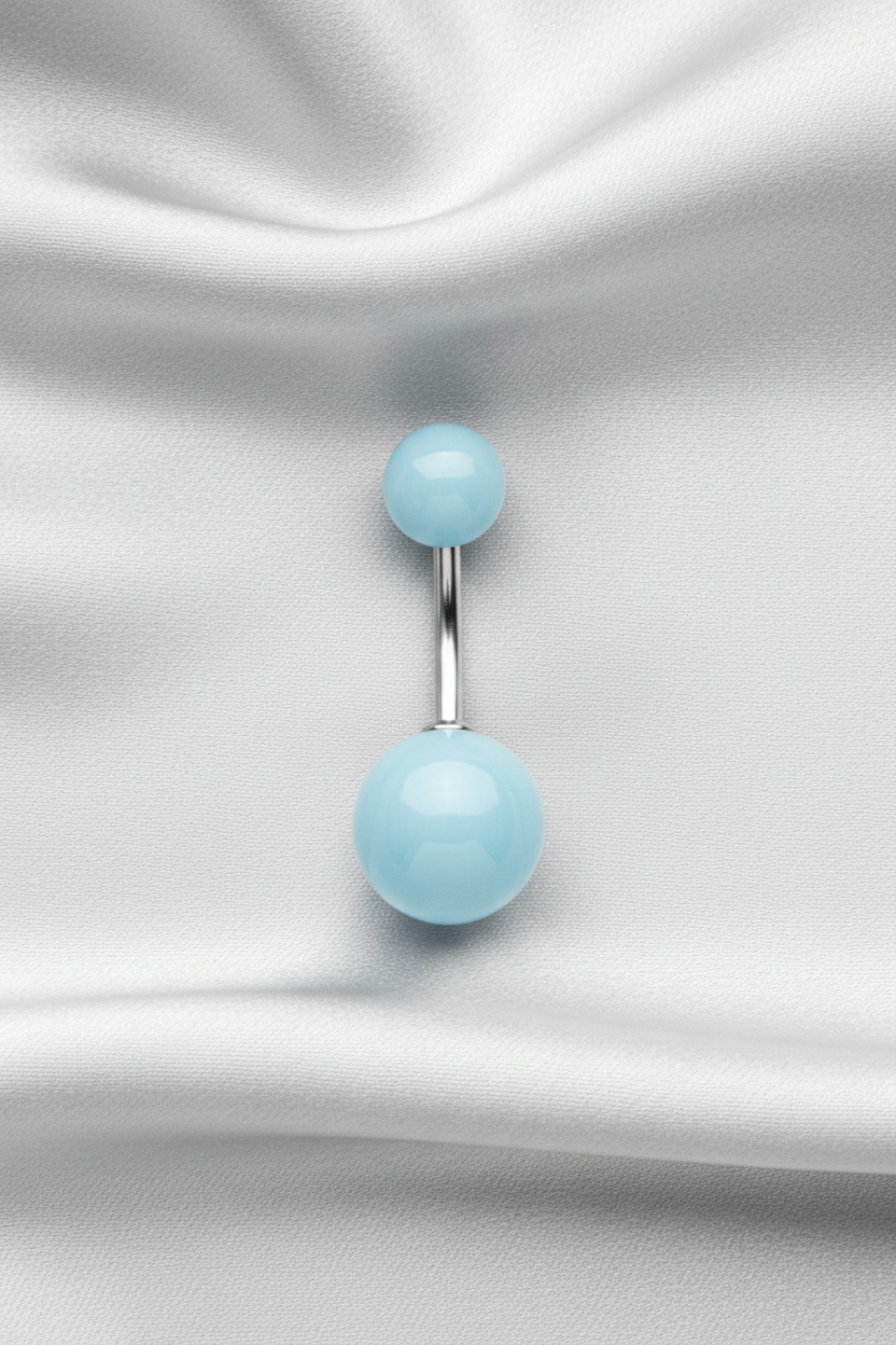 Blue Glow Acrylic Belly Button Ring in 316l stainless steel on silver silk fabric.