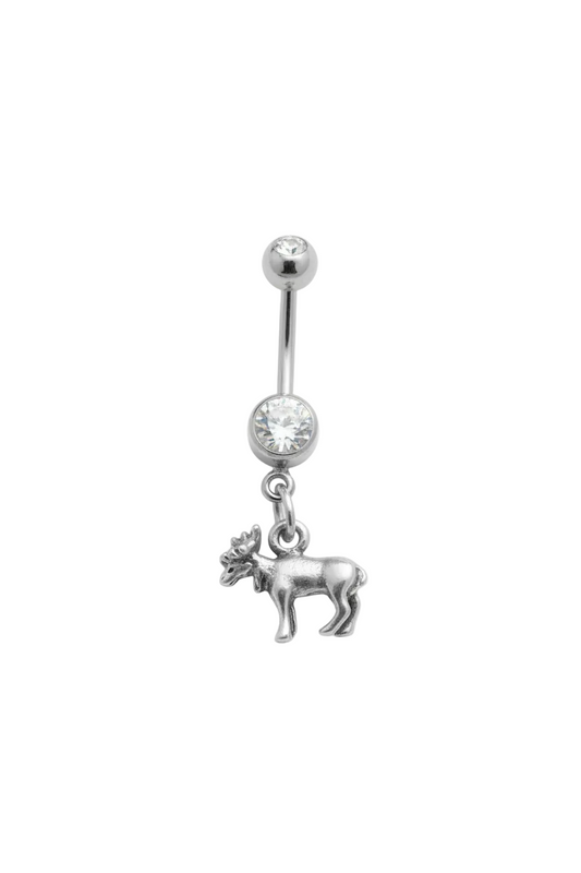 Clear Crystal Wild Moose Belly Button Ring in 316l stainless steel close up detail.