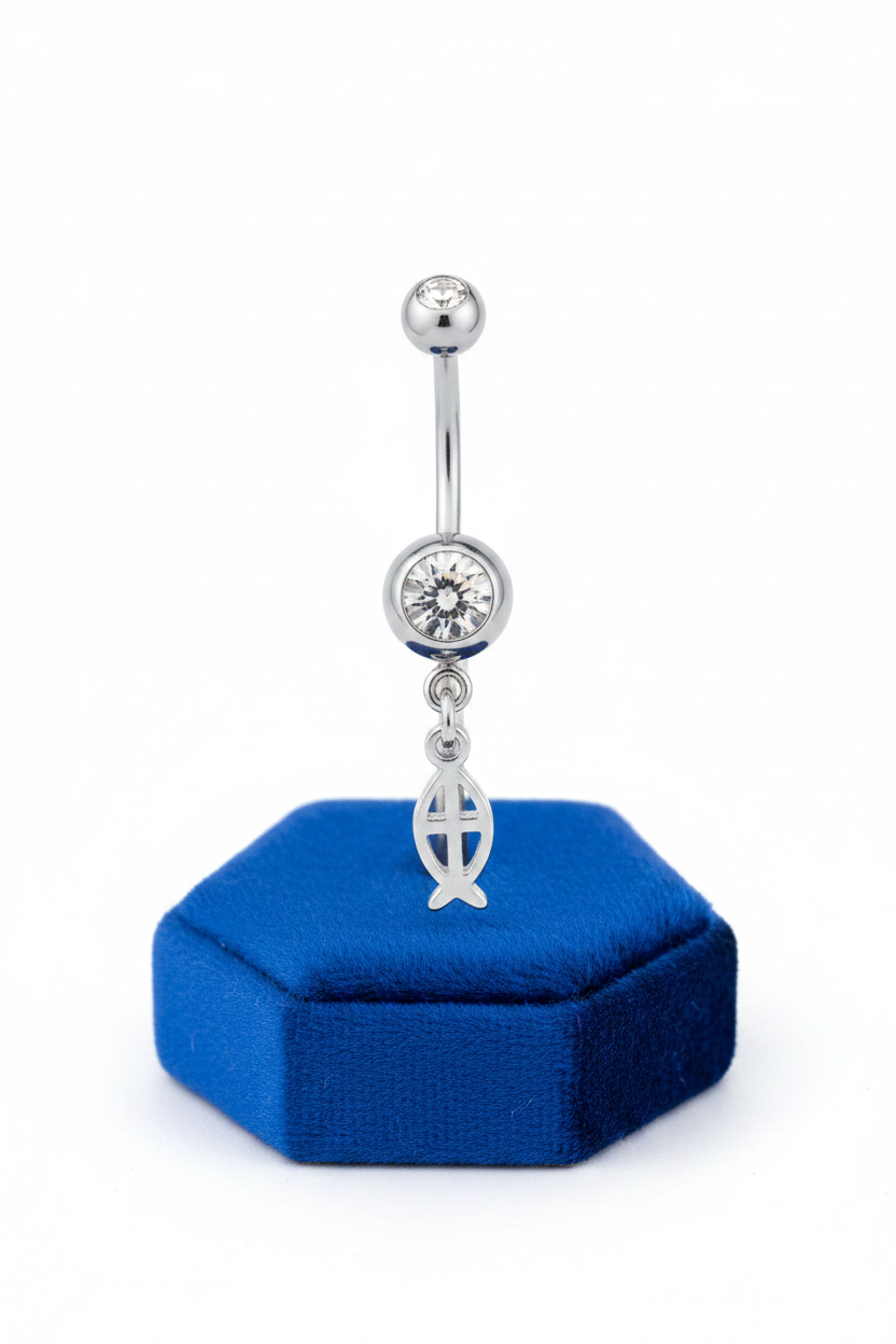 Clear Crystal Jesus Fish Belly Button Ring in 316l stainless steel on a blue velvet jewelry display.