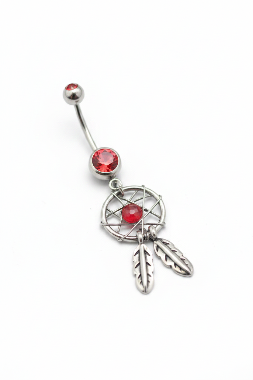 Red Crystal Mystical Dream Catcher Belly Button Ring in 316l stainless steel angled right.