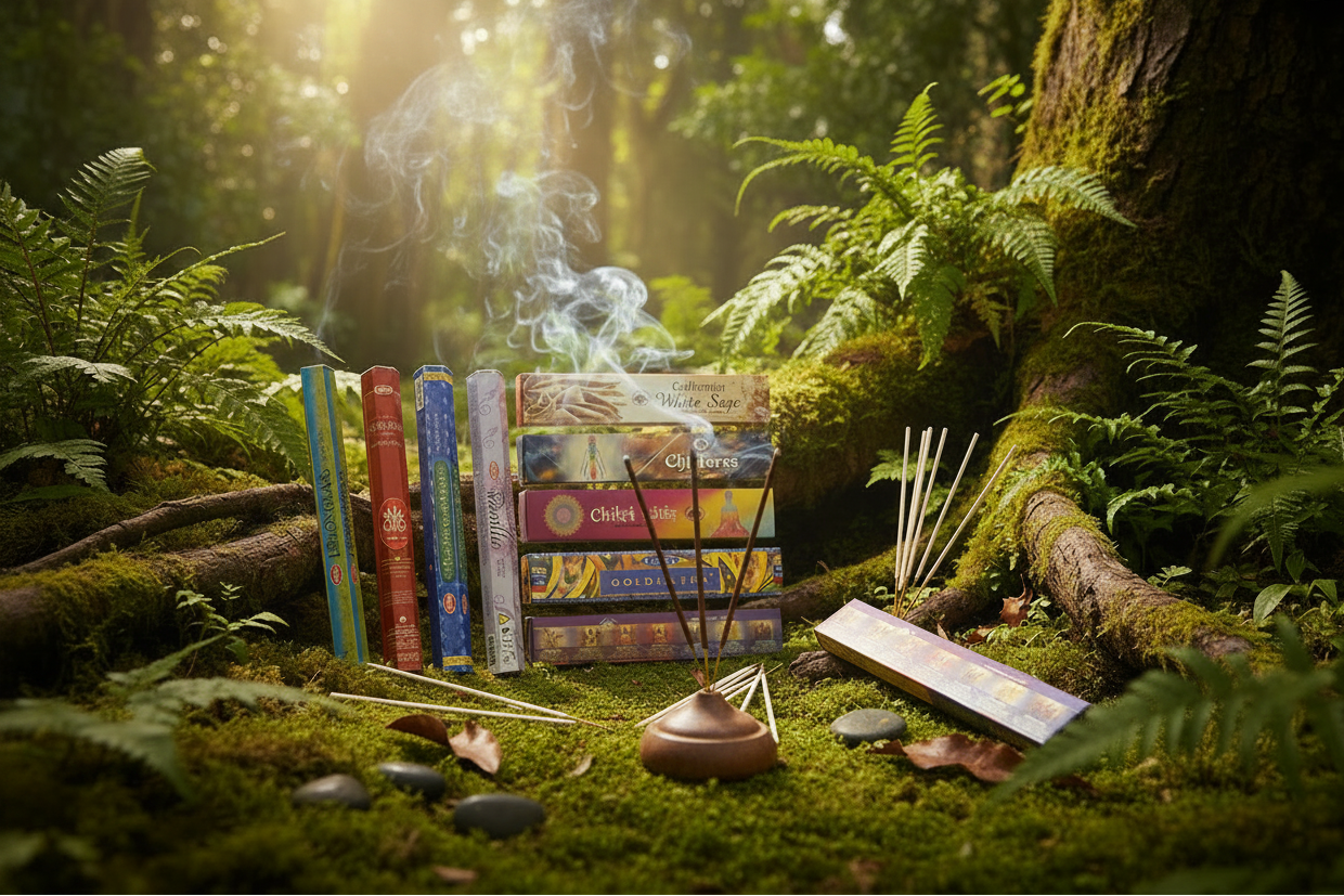 Mystic Prana Incense Variety Gift Package burning in a mystic forest setting with smoke rising.