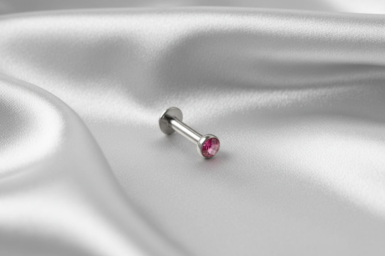Internally Threaded Fuchsia Pink Opal Labret Lip Ring in 316l stainless steel.