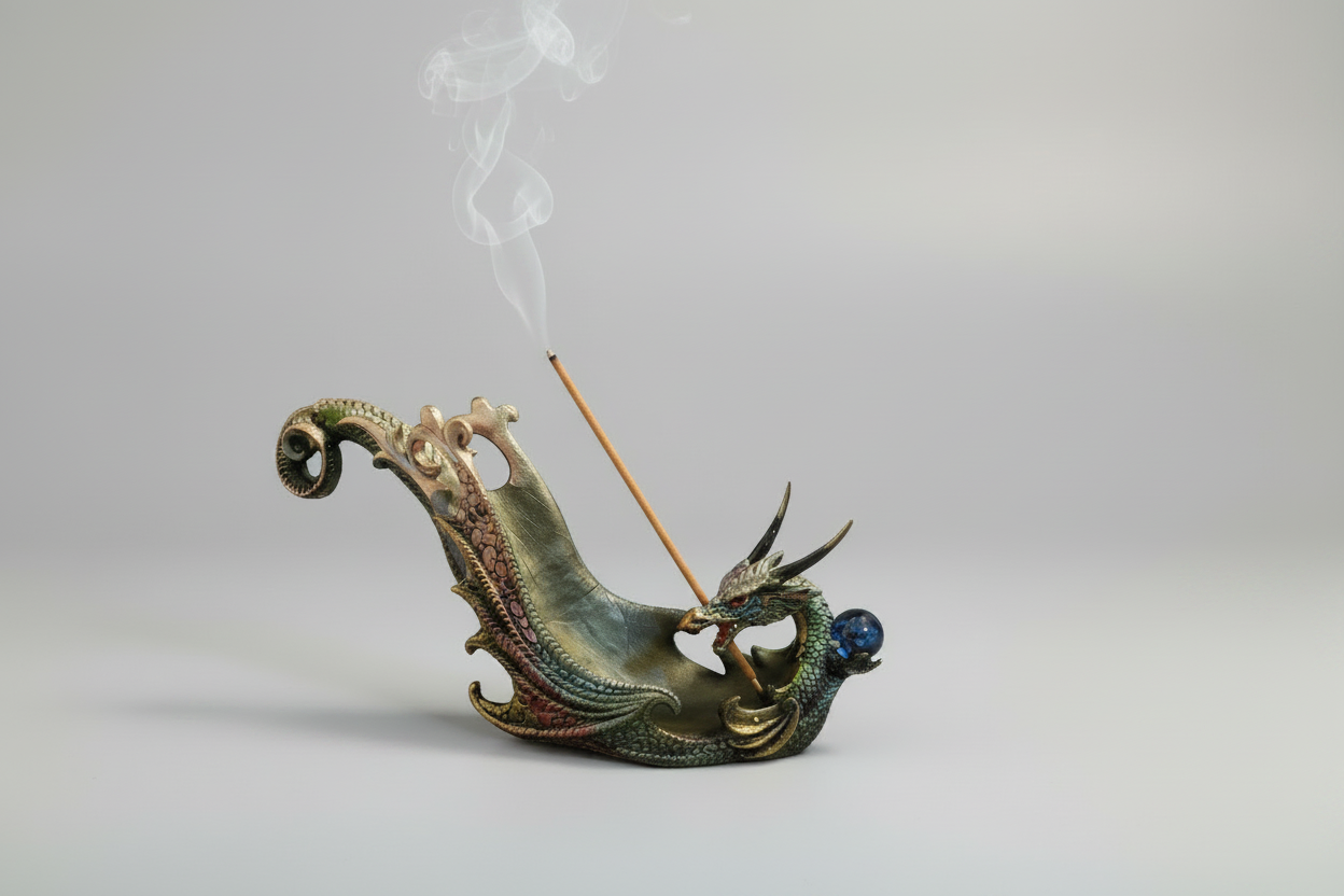 Rainbow Dragon Incense Holder - Resin on a white background with incense burning and smoke rising.