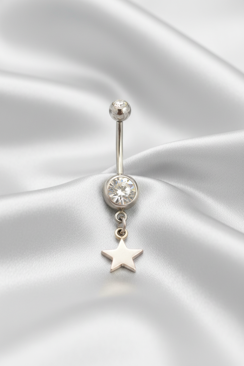 Clear Crystal Sterling Silver Star Belly Button Ring in 316l stainless steel.