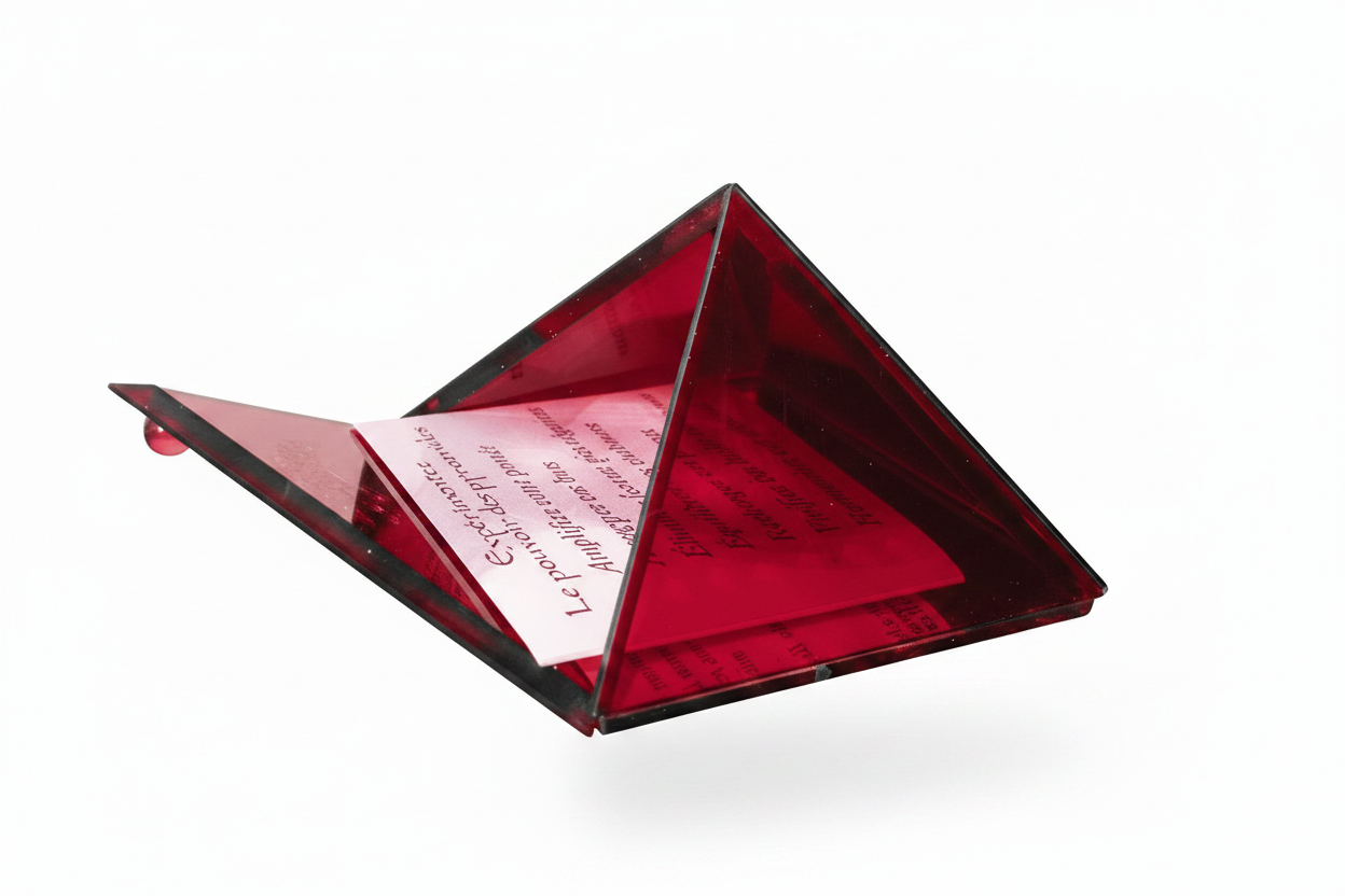 Red mini glass pyramid keepsake box with mirrored base open on a white background side profile.