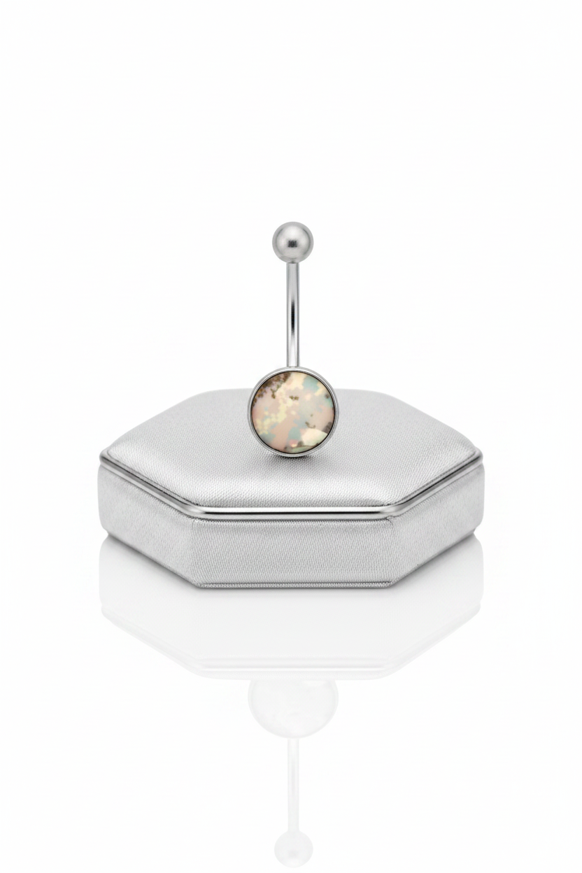 Gray Desert Camouflage Belly Button Ring in 316l stainless steel on a silver jewelry display upright position.