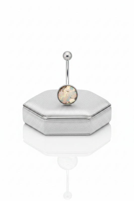 Gray Desert Camouflage Belly Button Ring in 316l stainless steel on a silver jewelry display upright position.