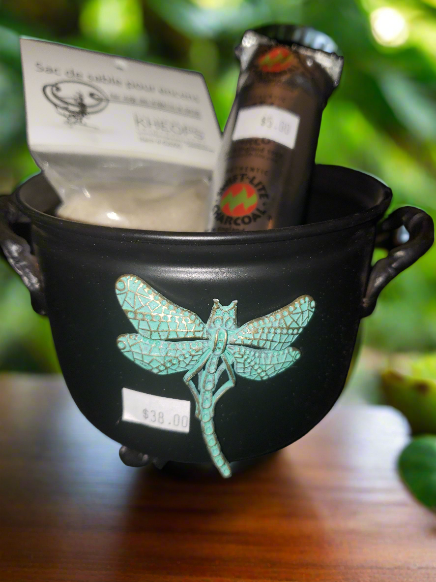 Metal Witches Cauldron with Dragonfly