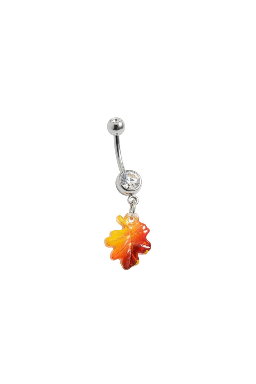 Clear Crystal Maple Leaf Belly Button Ring in 316l stainless steel right facing.