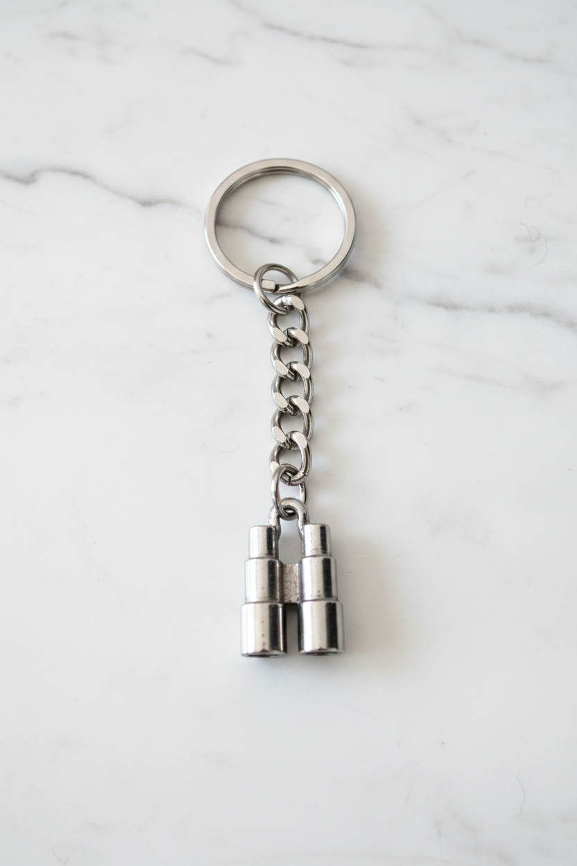 Explorer Binoculars Handmade Silver Plated Charm Keychain  on a white marble surface.