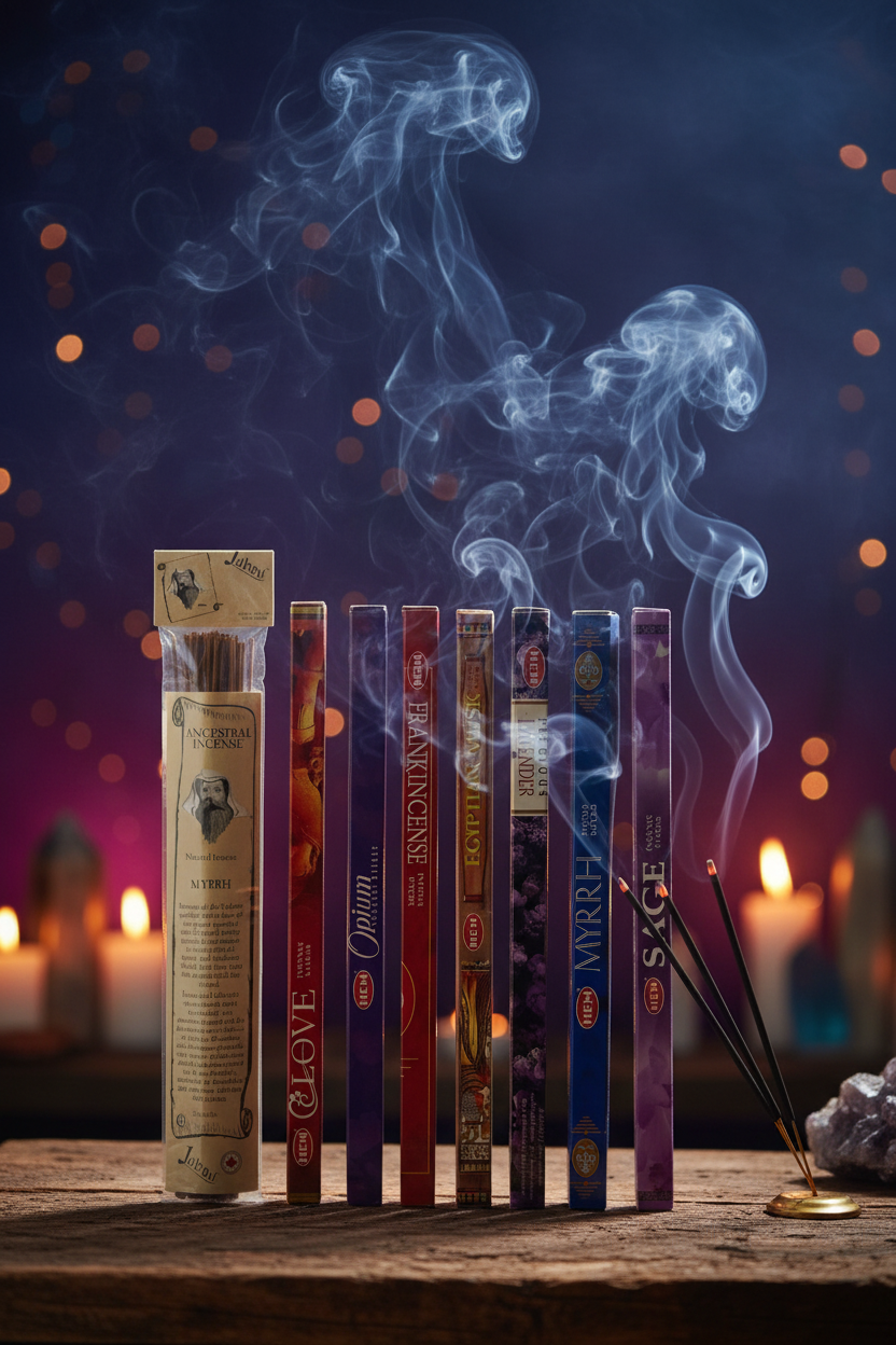Ancestral Essence Incense Variety Gift Package burning in a mystic setting with smoke rising.