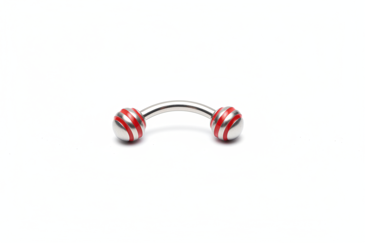 Red Striped Steel Ball Eyebrow Ring in 316l stainless steel close up detail.