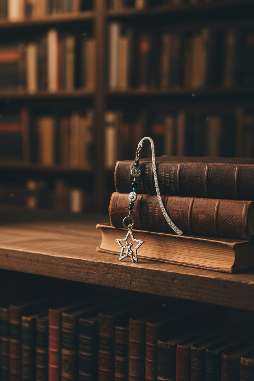 Star & Fairy Handmade Beaded Pewter Bookmark - One of a Kind shown with books in a library setting.
