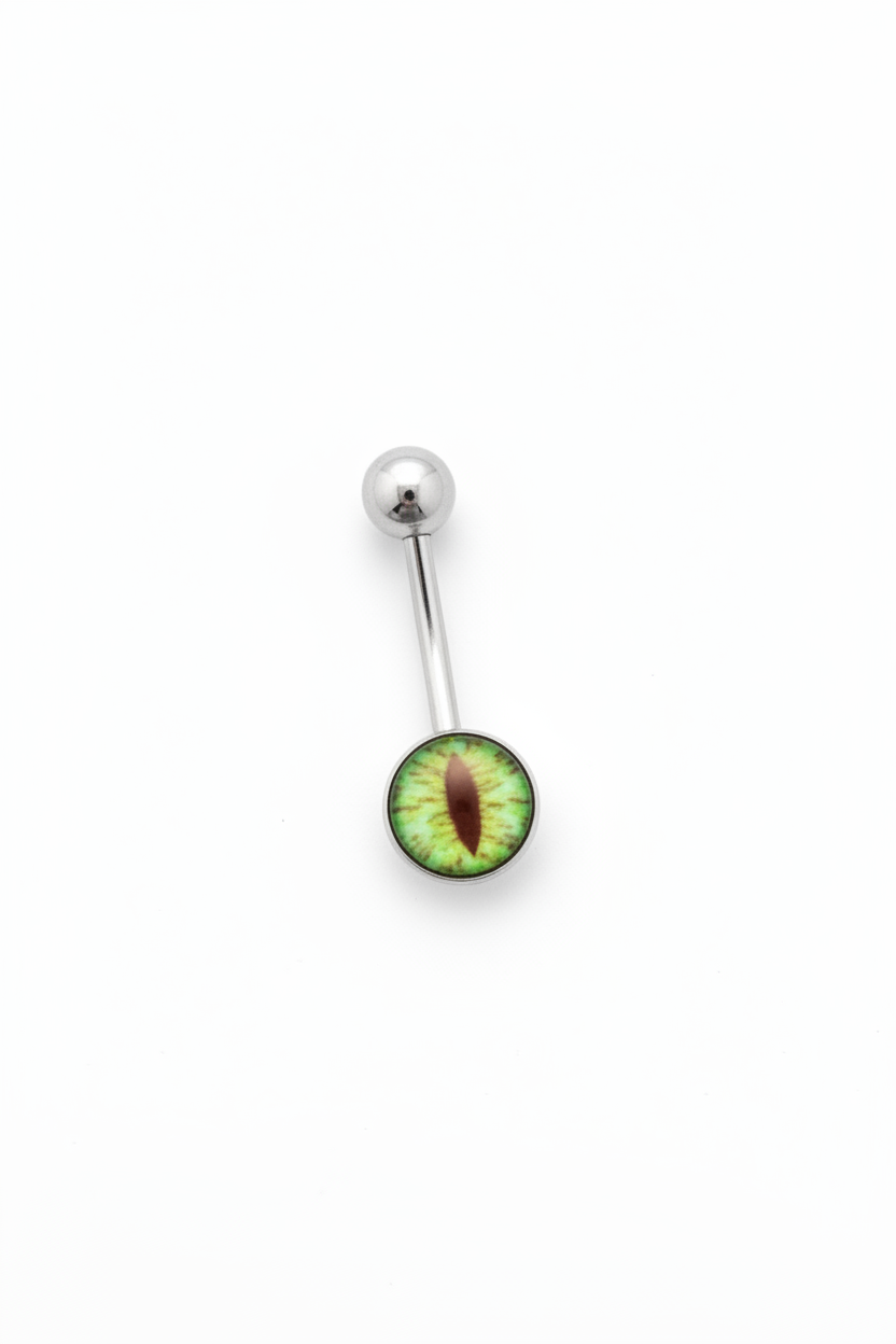 Green Snake Eye Belly Button Ring in 316l stainless steel on a white background.