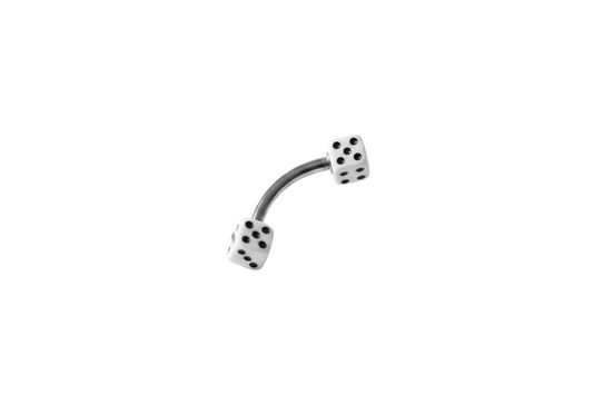White Acrylic Dice Eyebrow Ring in 316l stainless steel close up detail.