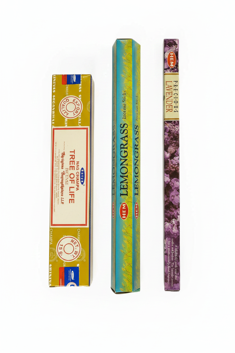 Satya Tree of Life, Hem Lemon Grass and Lavender on a white background. Free with purchase of Panda Bear Resin Incense Holder.