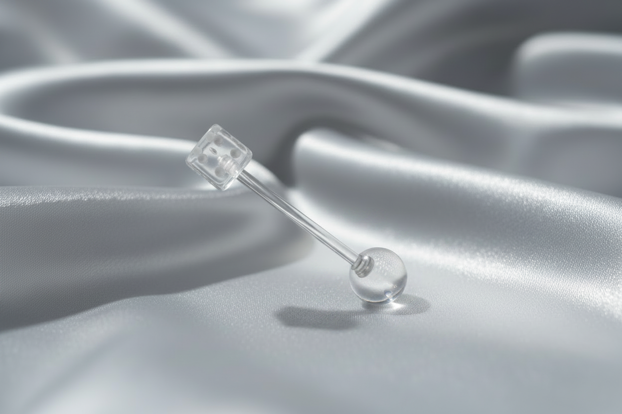 Clear Dice acrylic tongue barbell - 316l stainless steel
