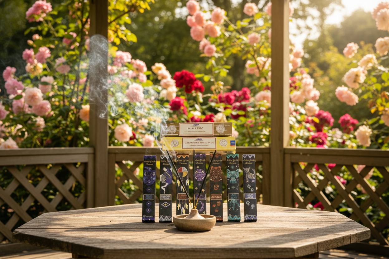 Native Blessings Incense Variety Gift Package on a wooden table in a rose garden gazebo with incense burning and smoke rising.