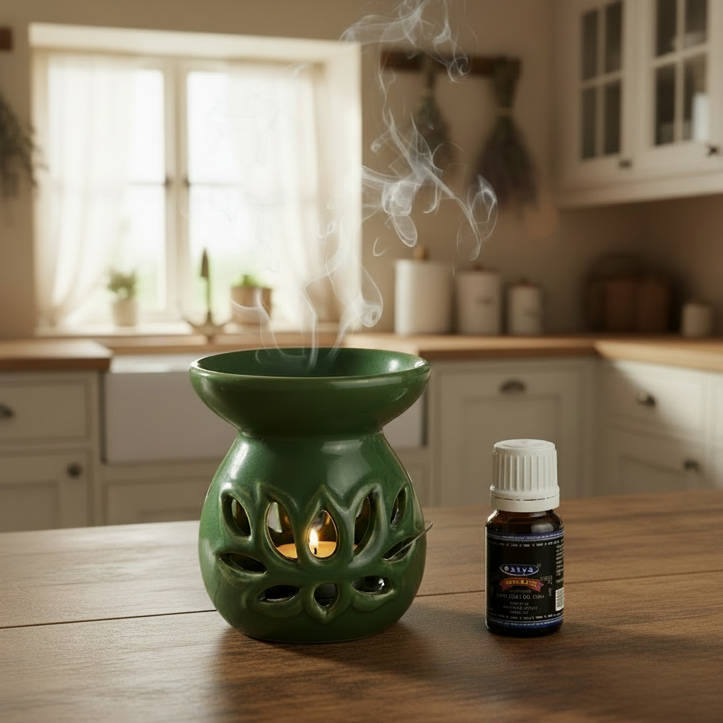 Green Lotus Ceramic Tea Light Essential Oil Warmer burning on a wooden table in a country cottage kitchen with smoke rising shown with free Satya Superhit essential oil.