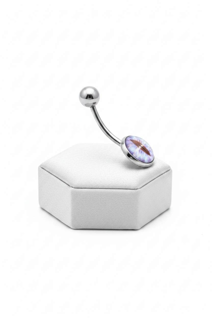 Blue Snake Eye Belly Button Ring in 316l stainless steel on a silver silk jewelry display.