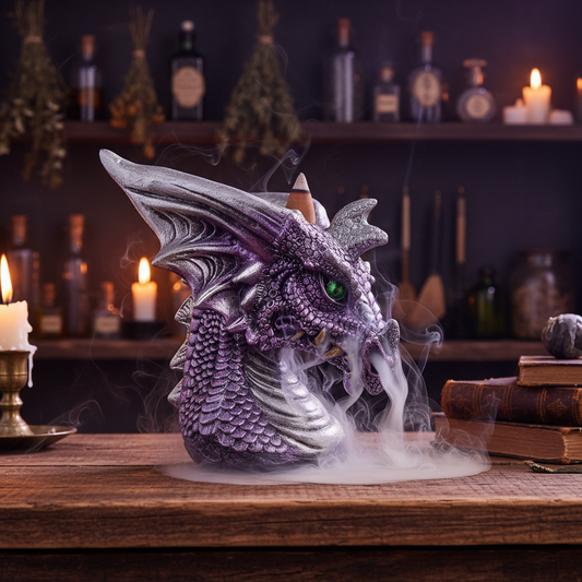 Medieval Purple Dragon Back Flow Resin Incense Burner - Free Incense on the counter in a mystic kitchen with incense burning and smoke cascading downwards.