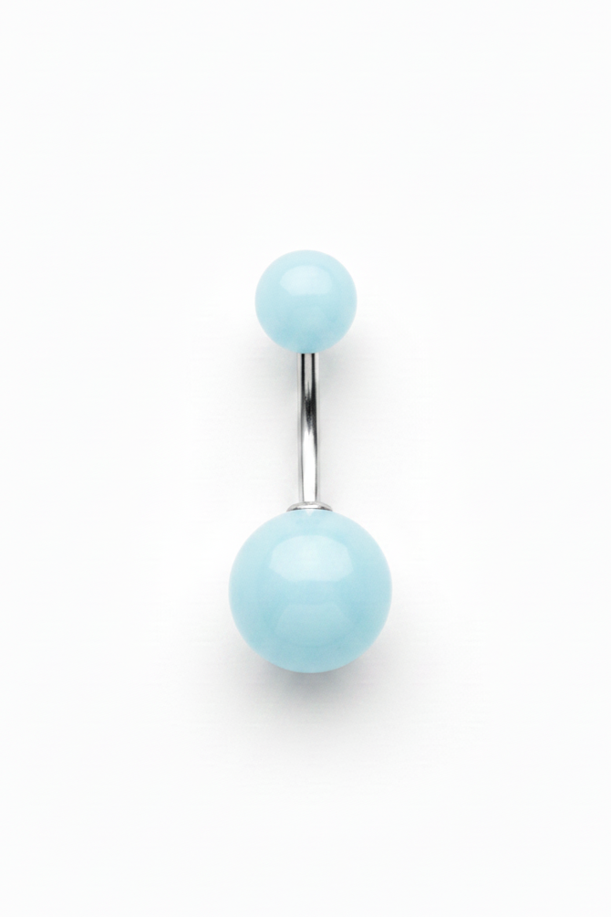 Blue Glow Acrylic Belly Button Ring in 316l stainless steel close up detail.