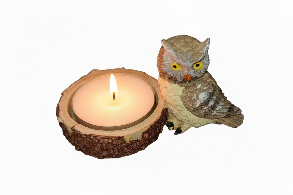 Brown Owl Wooden Stump Resin Tea Light Candle Holder on a white background with the candle lit showing a warm glow.