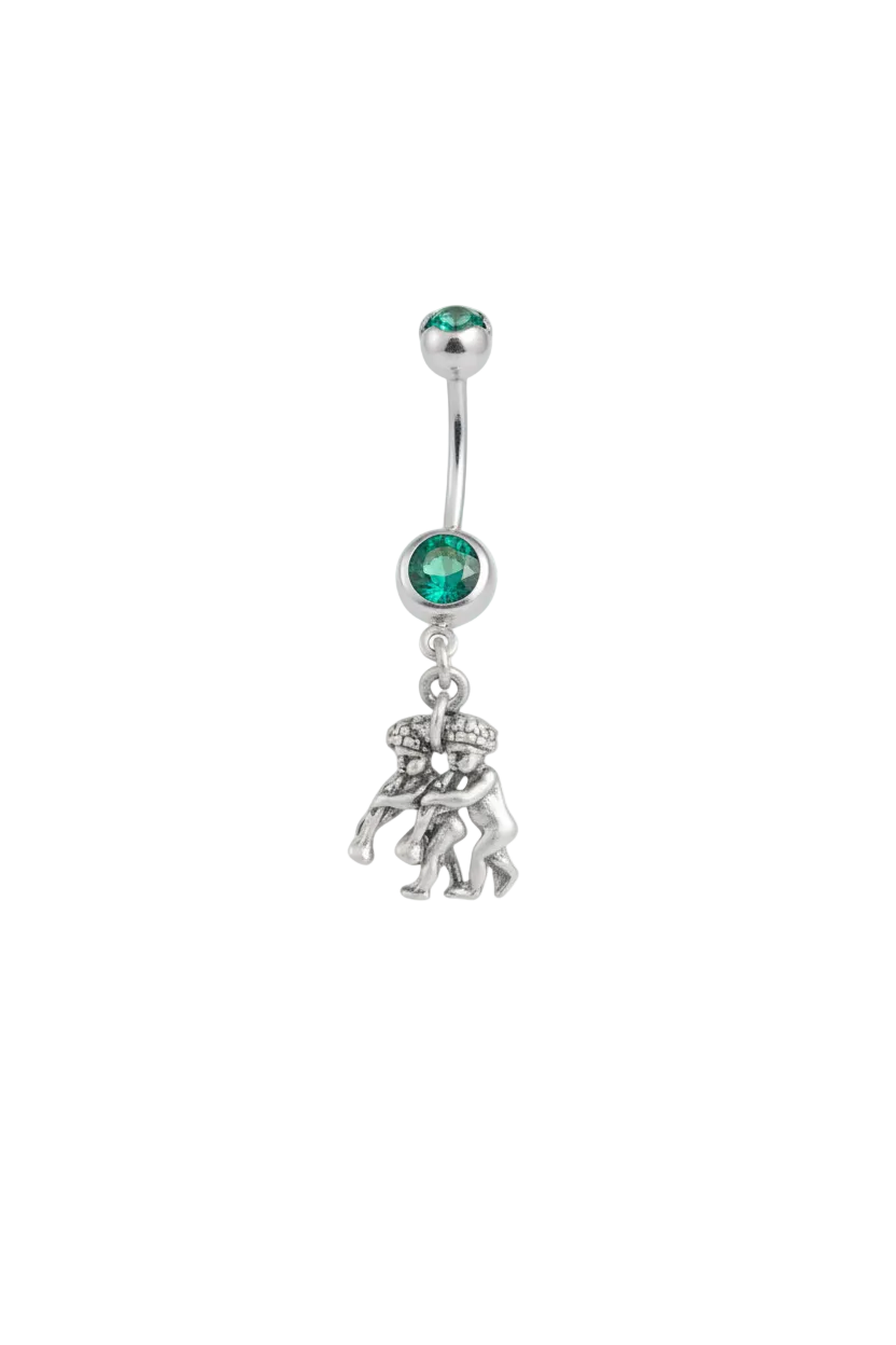 Green Crystal Gemini Belly Button Ring in 316l Stainless Steel close up detail.