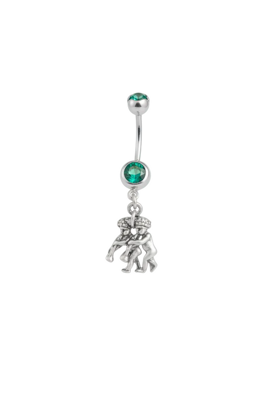 Green Crystal Gemini Belly Button Ring in 316l Stainless Steel close up detail.