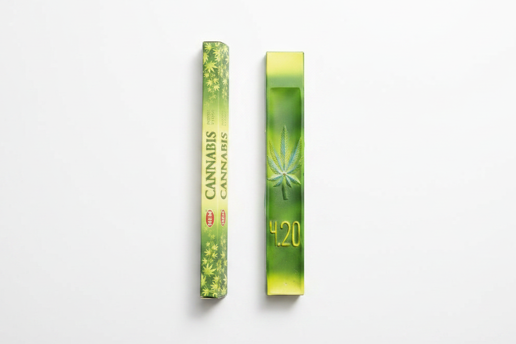 420 Green Leaf Incense Burner - Free Incense on a white background shown with Free Hem Hemp incense 