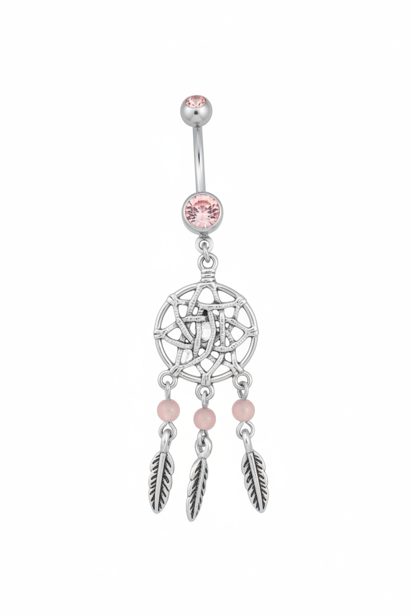 Pink Crystal Dream Catcher Belly Button Ring in 316l stainless steel close up detail.