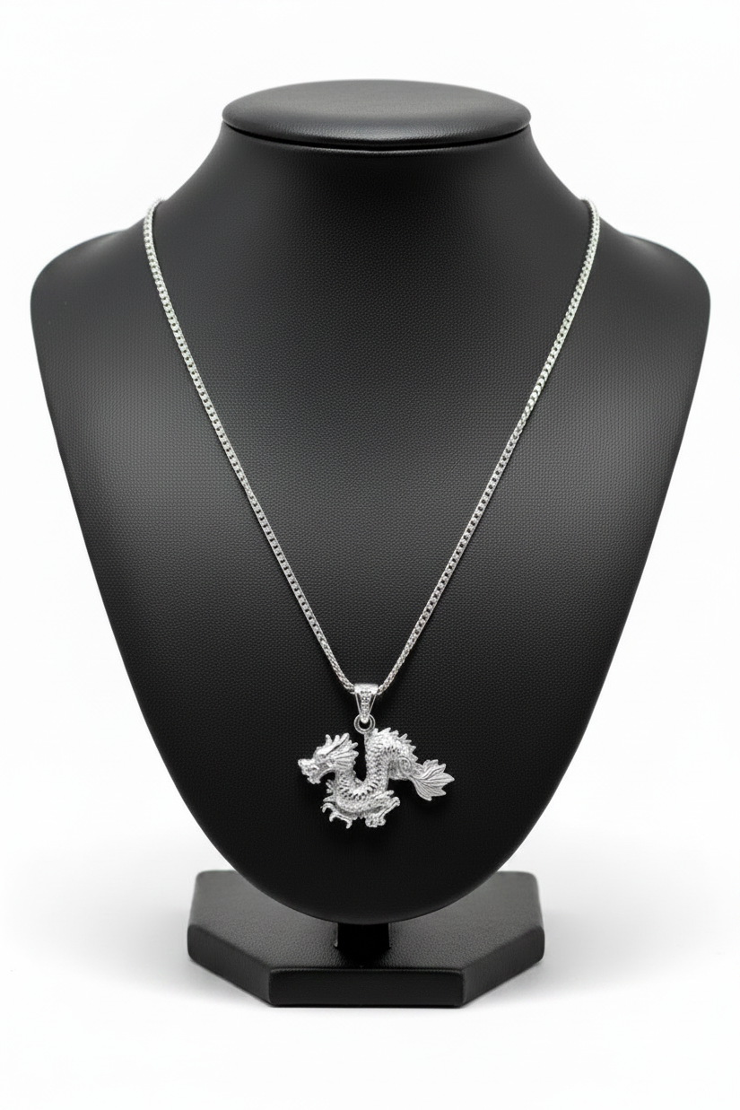 Dragon Steel Chain Necklace in 316l stainless steel on a black bust with a white background.