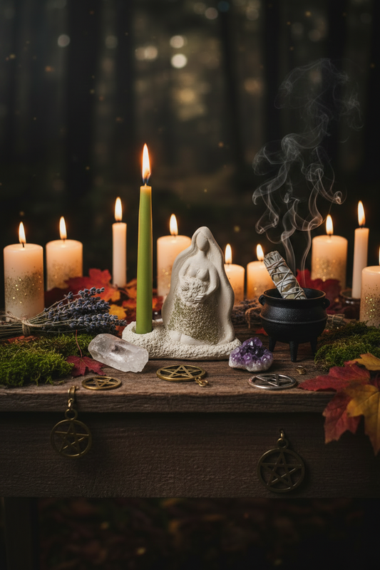 Mother Earth Goddess Terra Cotta Mini Figurine and Candle Holder - Altar & Sacred Space on spiritual altar with candle burning showing a warm glow.