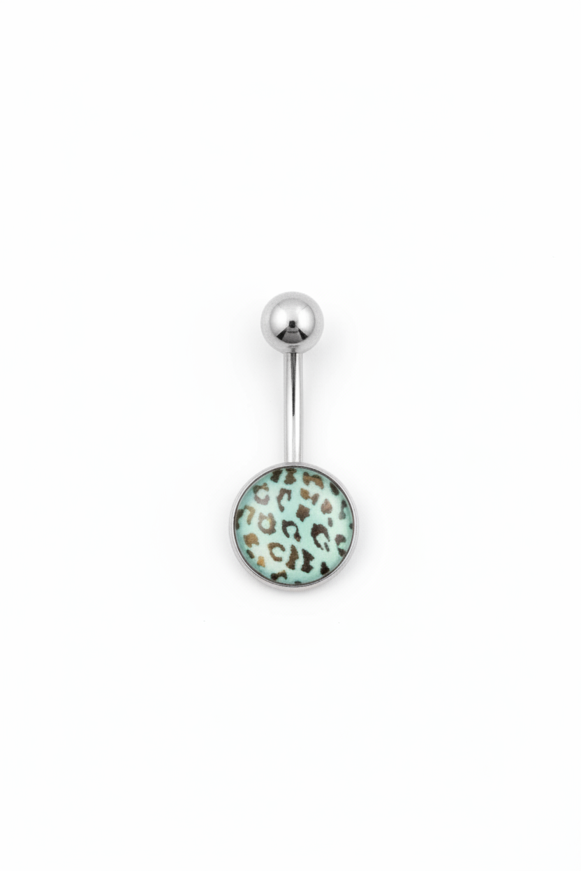 Blue Leopard Print Belly Button Ring in 316l stainless steel on a white background.