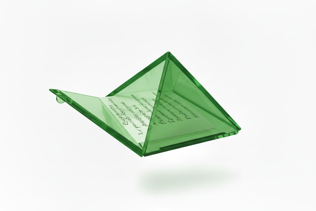Light green demo mini glass pyramid keepsake box with mirrored base open on a white background side profile.