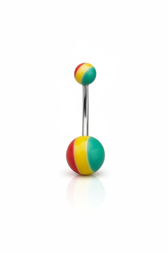 Rastafarian Striped Acrylic Belly Button Ring in 316l stainless steel on a white background in close up detail.