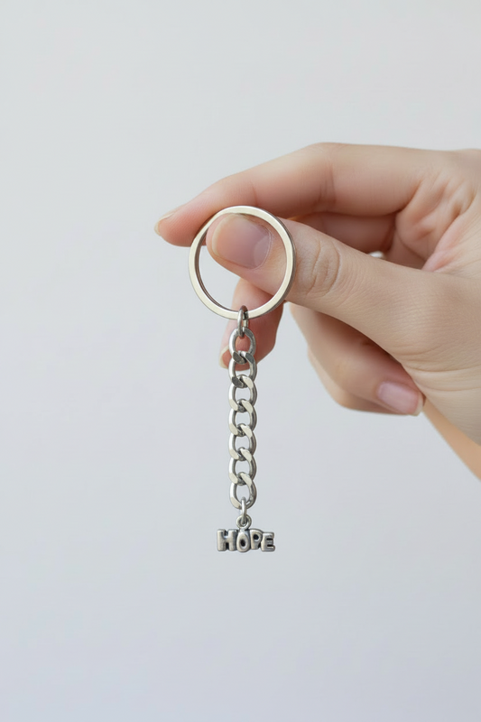 "Hope" Handmade Pewter Charm Keychain held by a hand showing scale.